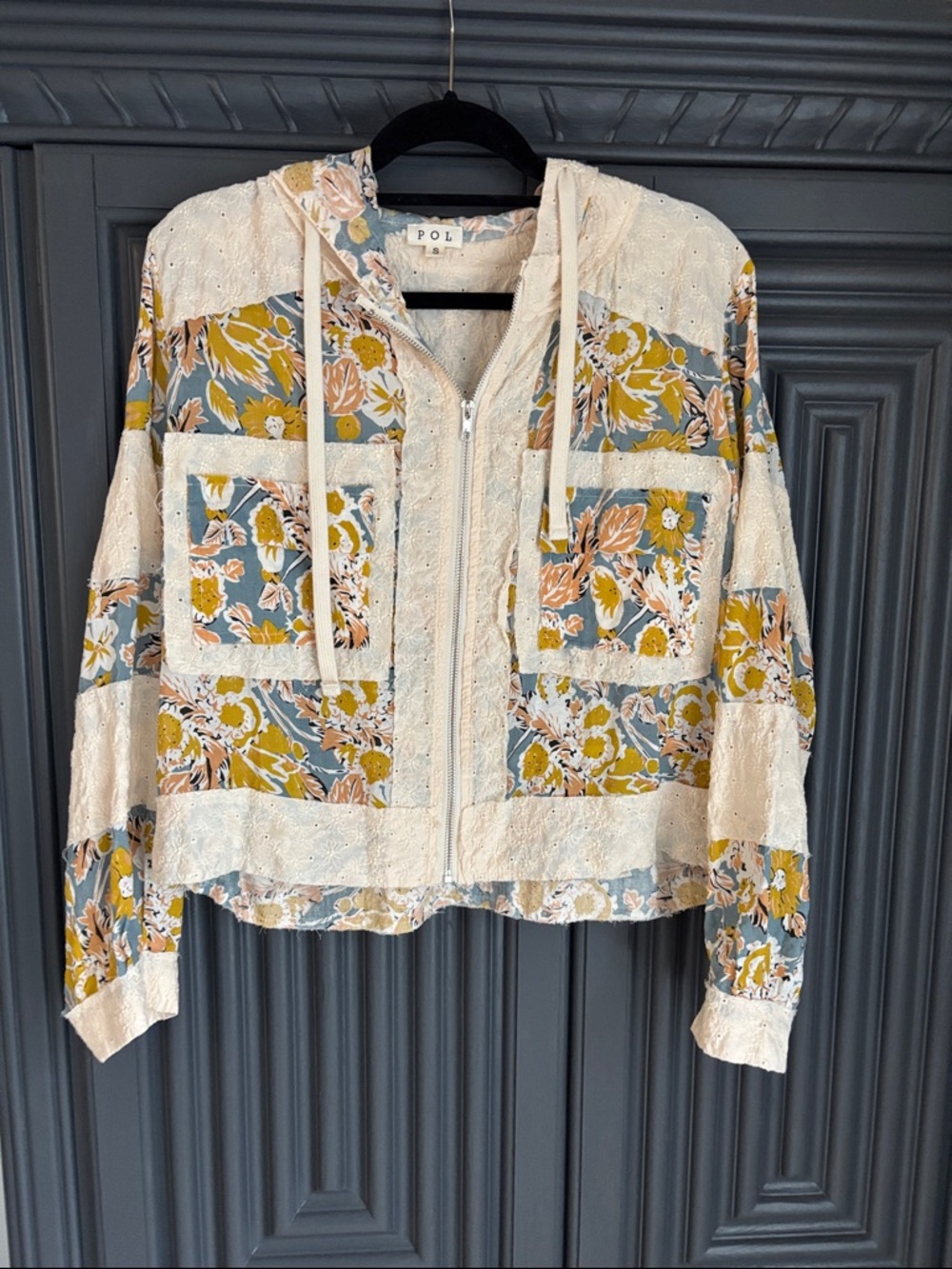 POL Floral Patchwork Zip Hoodie in Cream & Mustard-Blue